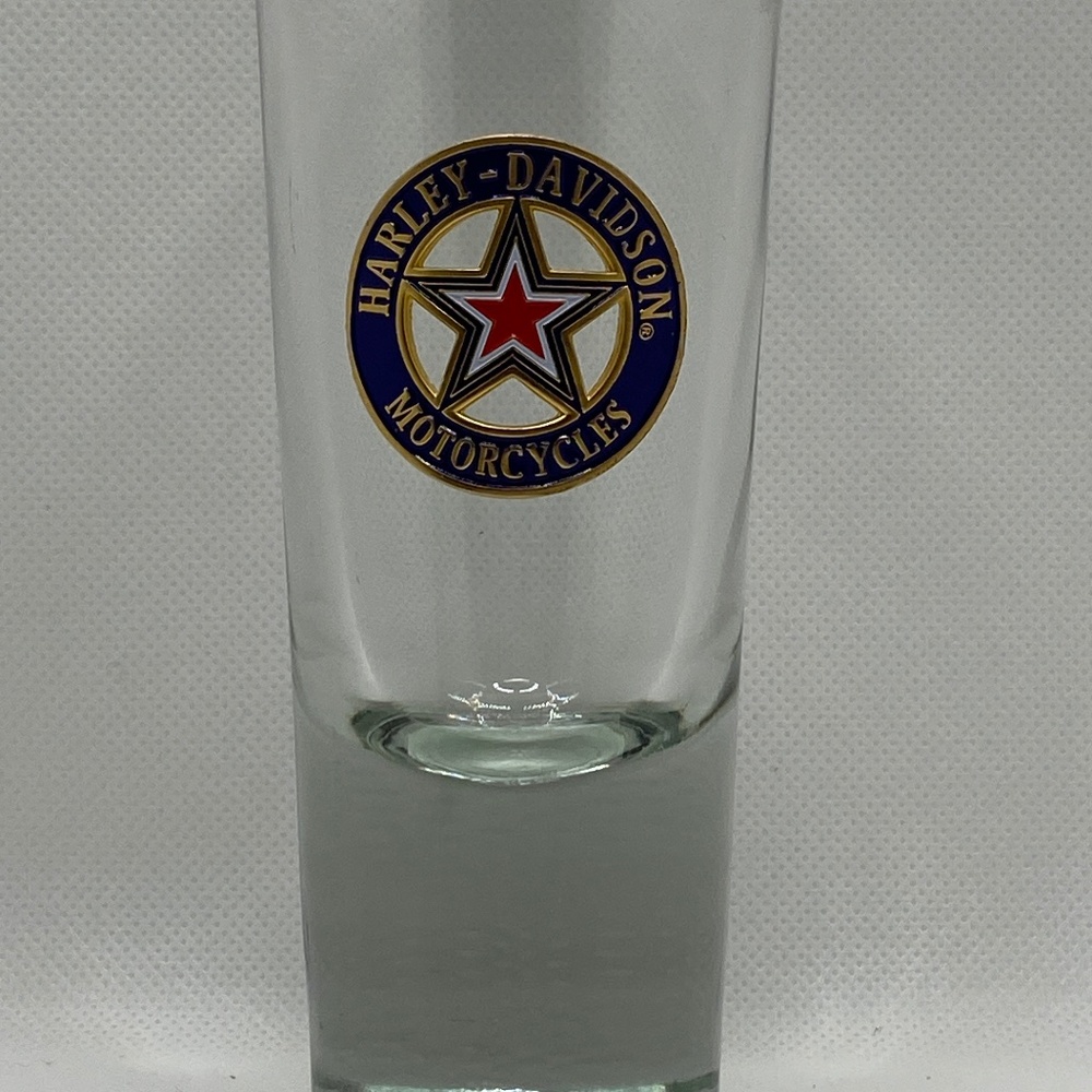Harley-Davidson XL shot glass 5.5” X 2.5” Metal Star Logo.  Heavy!